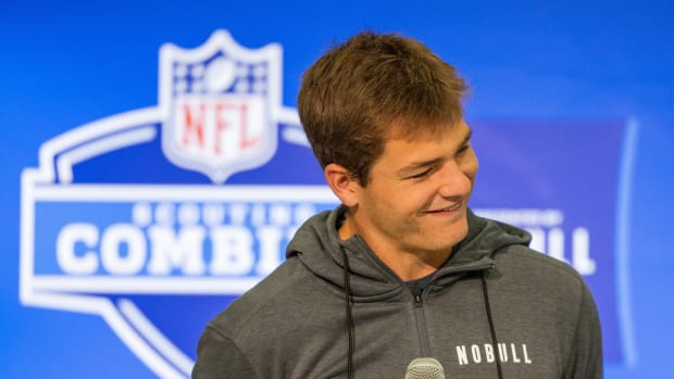 Mar 1, 2024; Indianapolis, IN, USA; North Carolina quarterback Drake Maye (QB04) talks to the media during the 2024 NFL Combine at Lucas Oil Stadium.